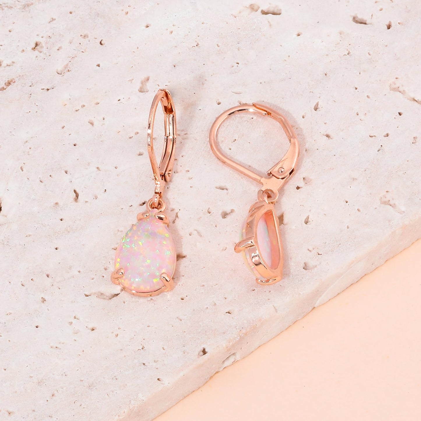 CiNily Teardrop Leverback Dangle Earrings for Women Hypoallergenic Pink Opal Pendant Drop Earrings 14K Rose Gold Plated Hanging Lever Earrings Fashion Jewelry for Sensitive Ears