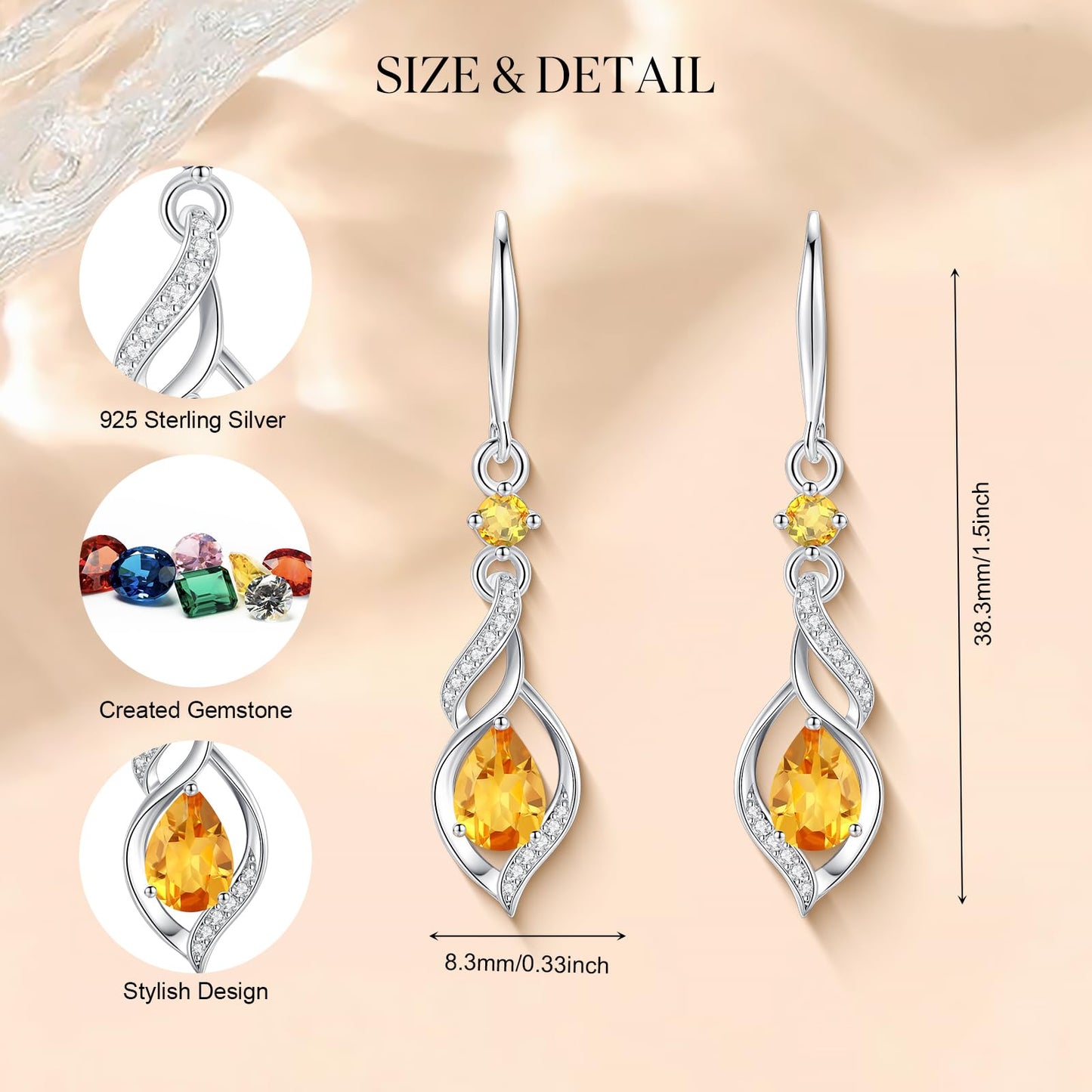 FANCIME Gift for Women November Birthstone Dangle Earrings for Women Teardrop Citrine Earrings S925 Sterling Silver infinity Love Birthday Gifts for Mom Women