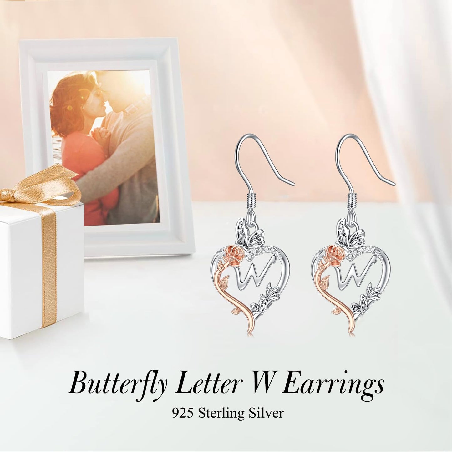 TOUPOP Rose Heart Initial Earrings Sterling Silver Butterfly Earring Initial W Letter Drop Dangle Earrings Jewelry Anniversary Birthday Mothers Day Gifts for Women Mom Wife Girlfriend Her