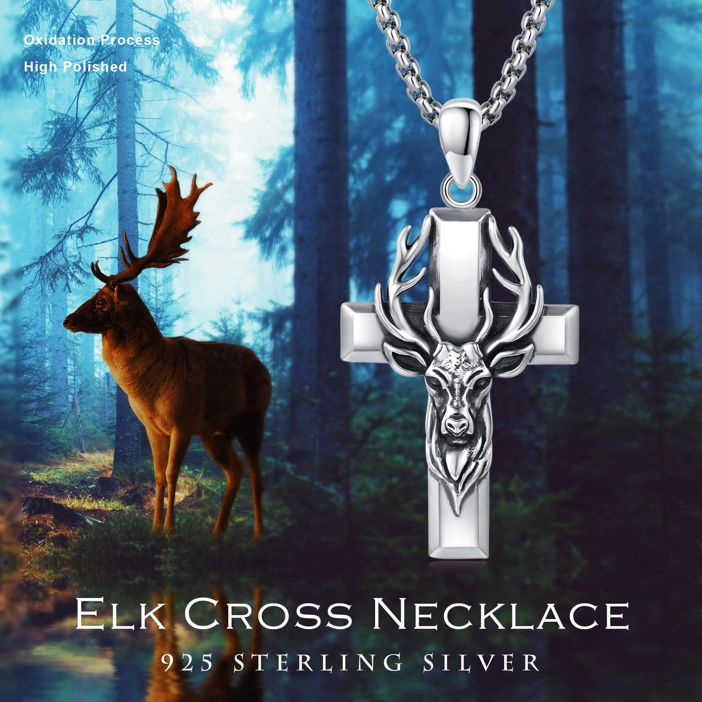 YEESIA Cross Necklace for Men Women, 925 Sterling Silver, Deer Cross Pendant Necklace, Christian Jewelry, Gift for Men Women