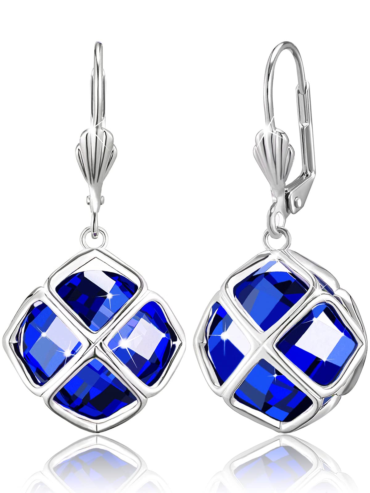 Big Dark Blue Crystal Dangle Earrings for Women (Sept-Sapphire-White Gold)