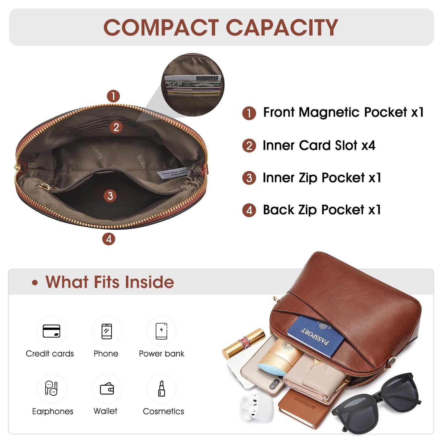 Kattee Small Leather Crossbody Bags for Women, Trendy Purses Handbags Shoulder Bag, Genuine Leather Cross Body Bag for Woman, Dark Brown