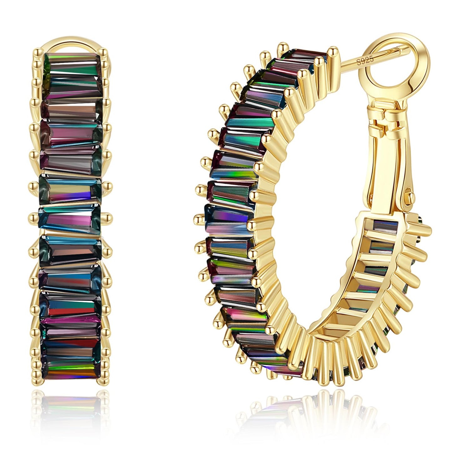 GLOQUAT Mystic Rainbow Quartz Earrings 14K Gold Plated Mystic Topaz Crystal Hoops for Women S925 Silver Post Vintage Baguette Cubic Zirconia Gold Round Circle Hoops Trendy Rhinestone Jewelry 25mm