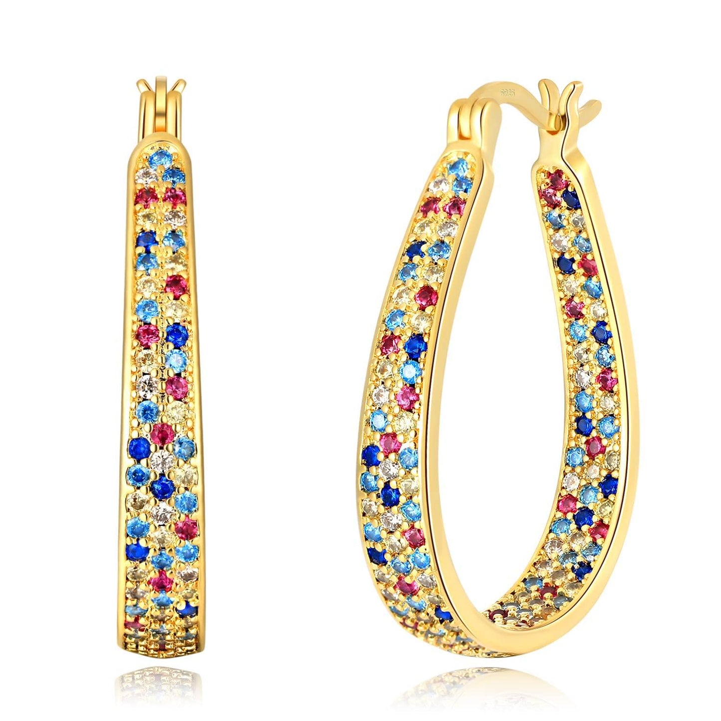 CiNily 925 Sterling Silver Post Hoop Earrings for Women Rainbow Cubic Zirconia Hoop Earrings 14K Gold Plated Oval Hoops Chunky Gemstone Earrings Jewelry