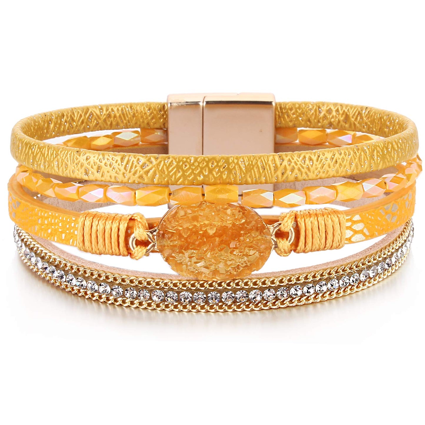 FANCY SHINY Boho Leather Wrap Bracelet Stackable Chunky Crystal Cuff Bracelets with Magnetic Clasp Cowboy Cowgirl Western Summer Beach Outfits Jewelry Gifts for Women (7.7", Orange)