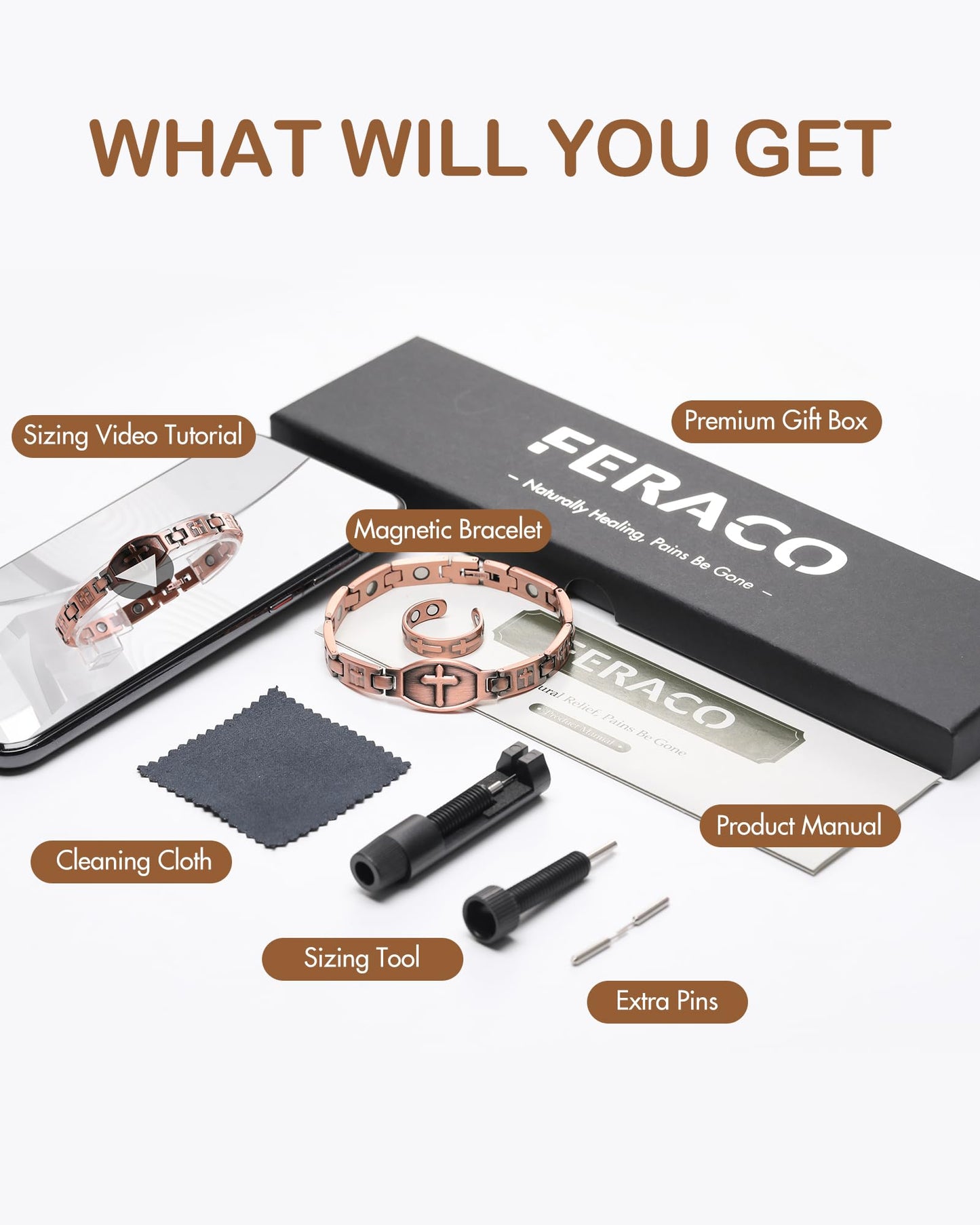 Feraco Pure Copper Bracelets & Rings for Women, Ultra Strength Magnetic Bracelet with 3500 Gauss Magnets, Adjustable with Sizing Tool, Cross Jewelry