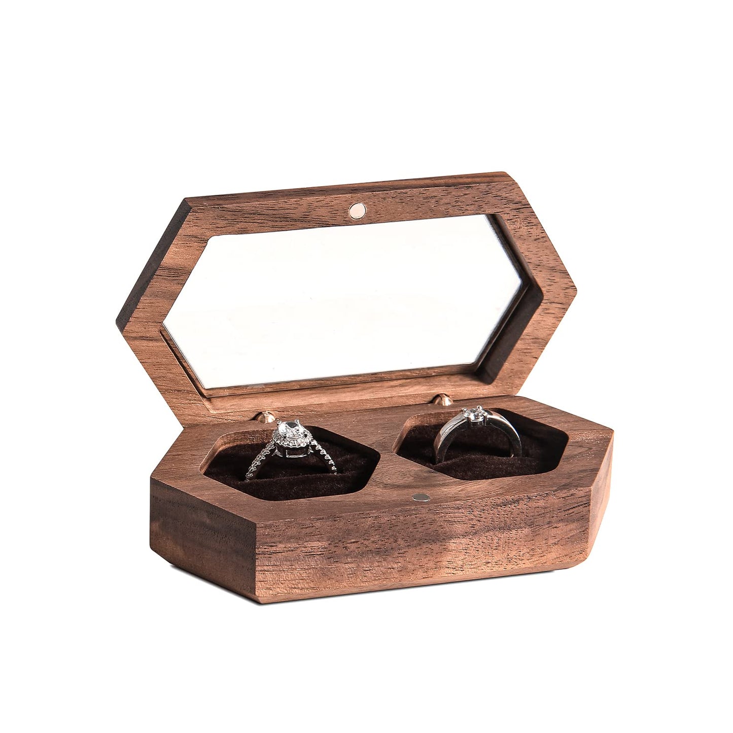 Wislist Double Ring Box for Wedding Ceremony,Walnut Wooden Rustic Ring case for Wedding and Engagement