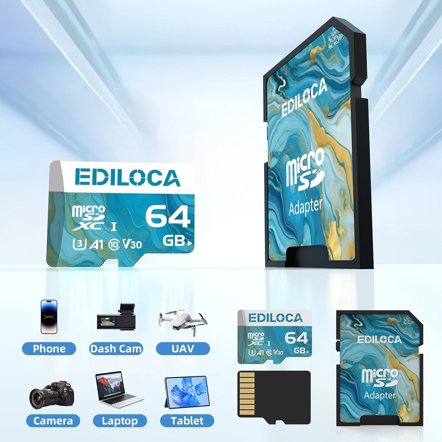 Ediloca 64GB 100MB/s, 4K C10, U3, V30, A1 Micro SD Card, Memory Card with SD Adapter, Read Speed up to UHS-I TF Card