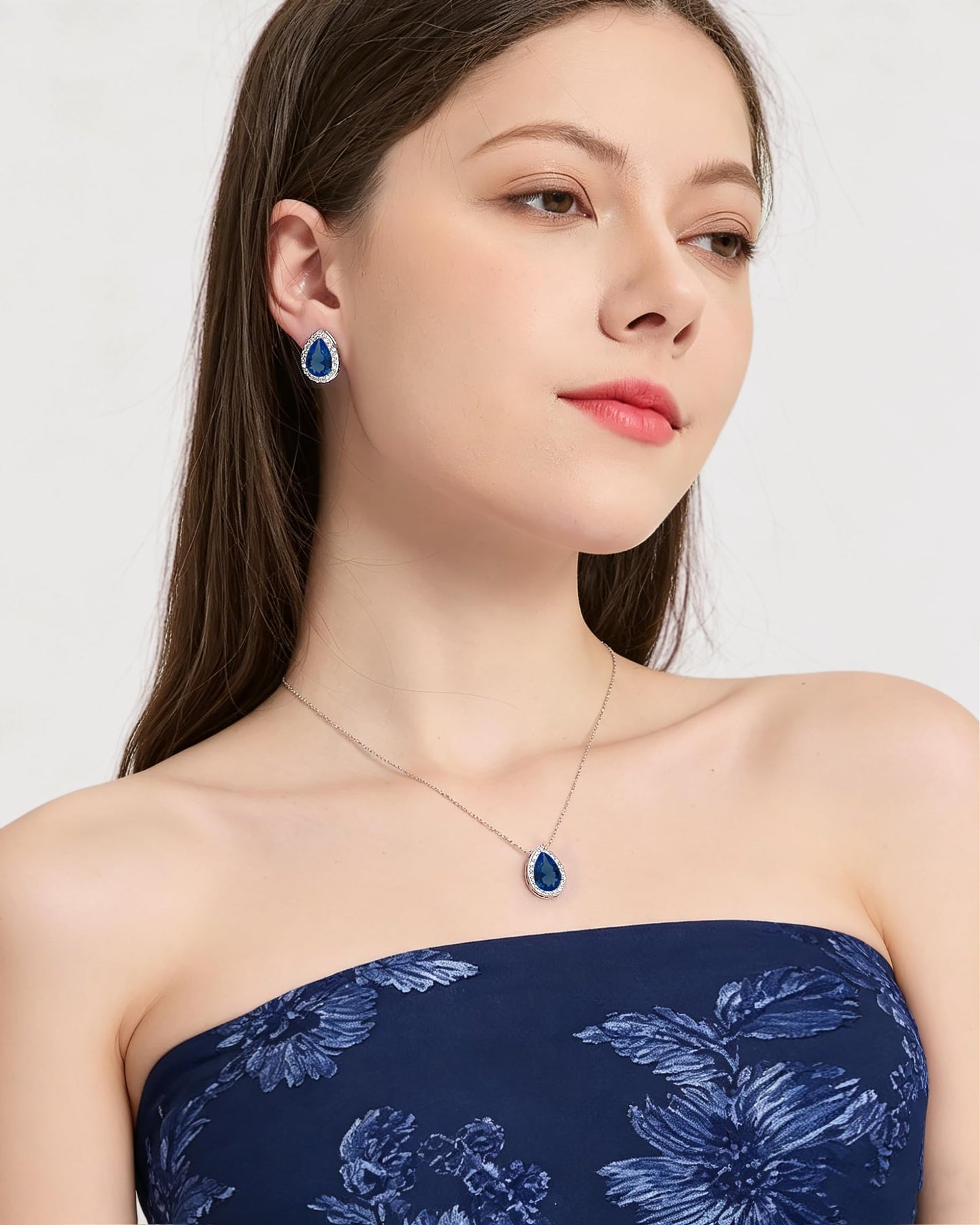 UDYLGOON Teardrop CZ Bridal Jewelry Set Imitation Diamond Earrings Necklace Bracelet for Bride Bridesmaids Wedding Prom Party (Tenni-Royal Blue)