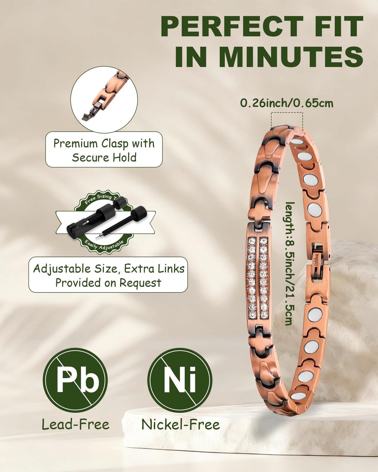 MagEnergy Copper Bracelet for Women, 99.9% Pure Copper Magnetic Bracelet, Adjustable Bracelet Jewelry Gifts (Crystal Style)