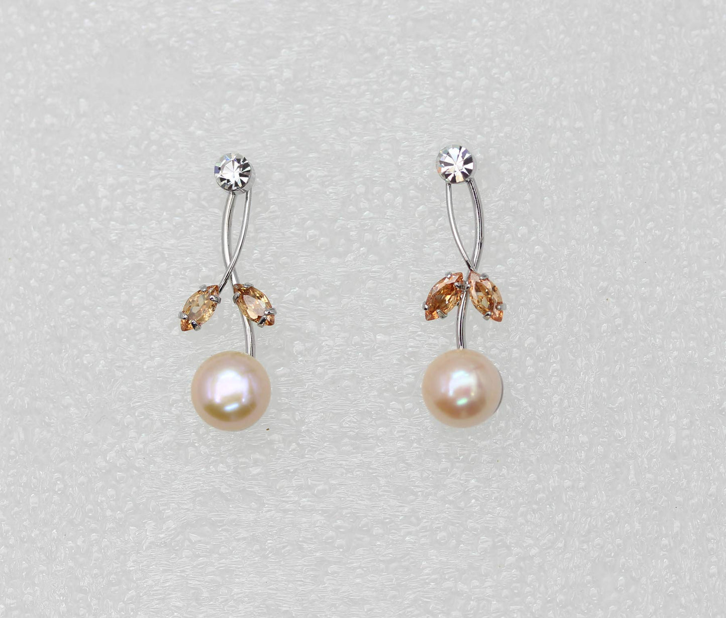 Faship Champagne Brown CZ Crystal Pink Genuine Freshwater Pearls Floral Necklace Earrings Set - Brown/Silver-Tone