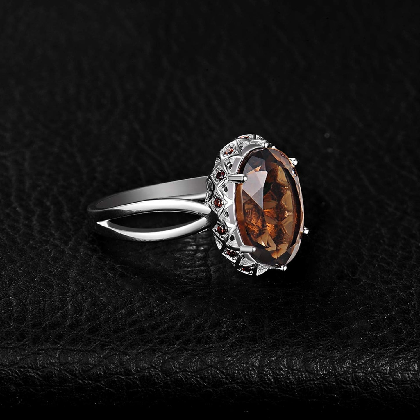 JewelryPalace Huge Oval Shape 5.7ct Genuine Smoky Quartz Cocktail Rings for Her, 14K White Gold Plated 925 Sterling Silver Ring for Women, Natural Gemstone Jewelry Sets Rings 6