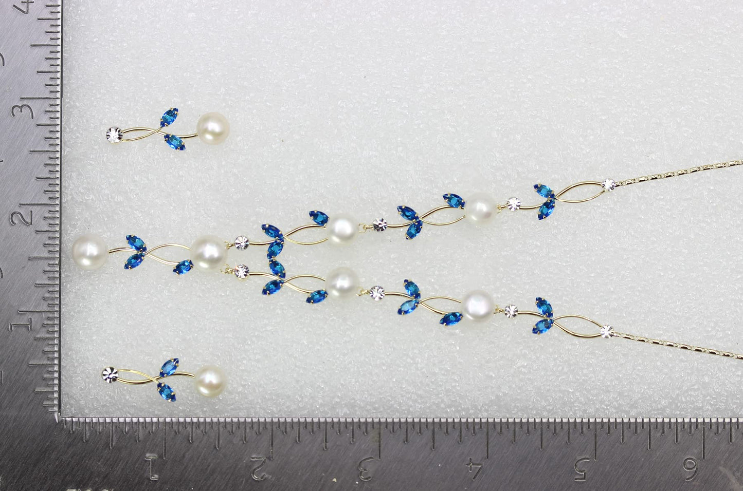 Faship Gorgeous Blue CZ Crystal Genuine Freshwater Pearls Floral Necklace Earrings Set - Blue/Gold Plated