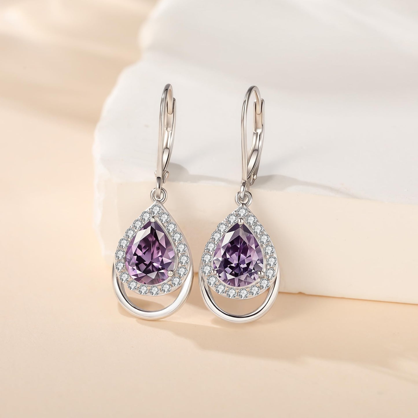 Amethyst Earrings Sterling Silver February Birthstone Teardrop Dangles Purple 5A Cubic Zirconia Drop Jewelry Christmas Gifts for Women