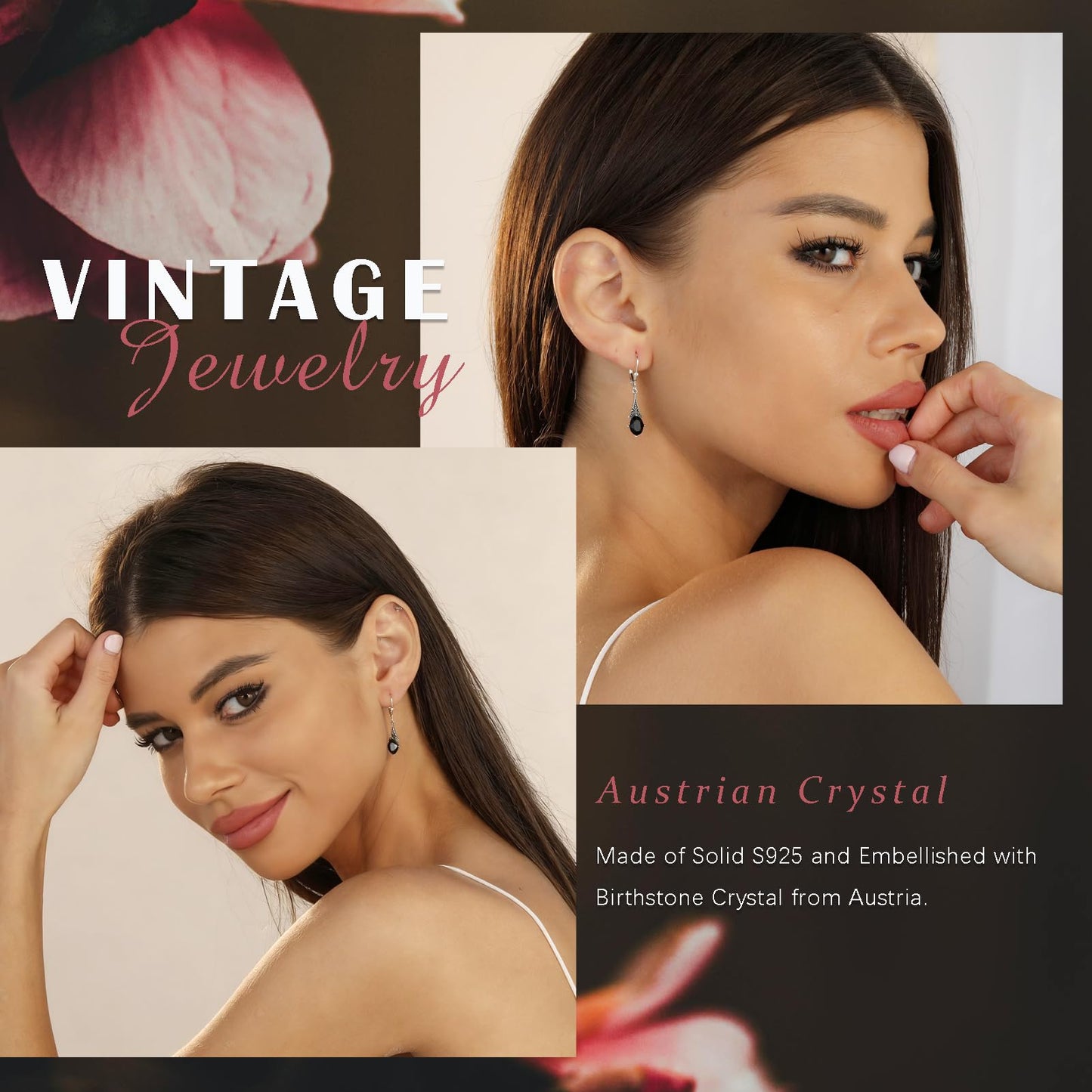 Vintage Gothic Black Earrings for Women Sterling Silver Retro Leverback Drop Dangle Earrings with Jet Black Oval Crystal from Austria, Birthday Jewelry Gifts for Women
