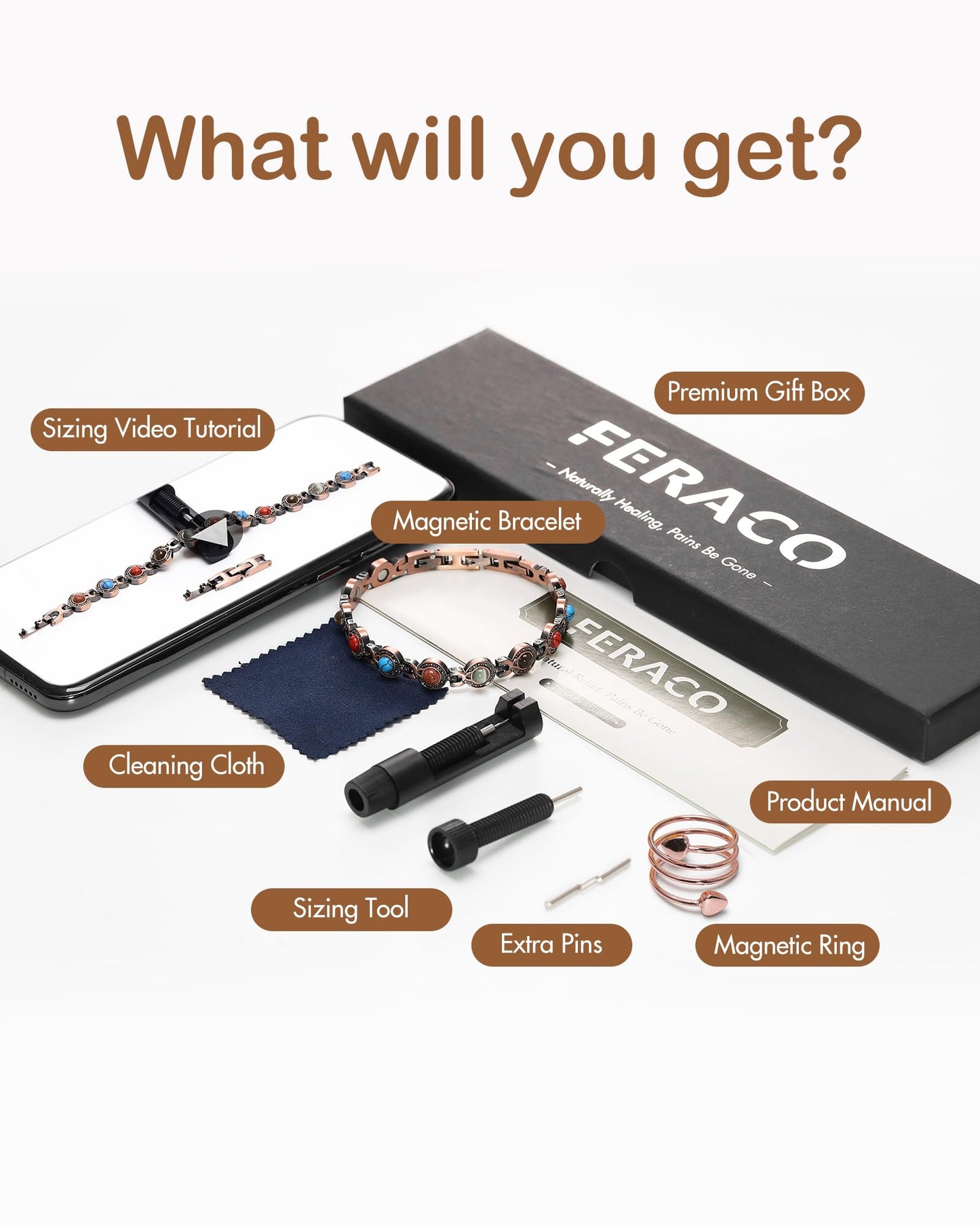 Feraco Pure Copper Bracelets & Rings for Women, Ultra Strength Magnetic Bracelet with 3800 Gauss Magnets & Natural Turquoise & Stones, Adjustable, Jewelry Gift (Circular)