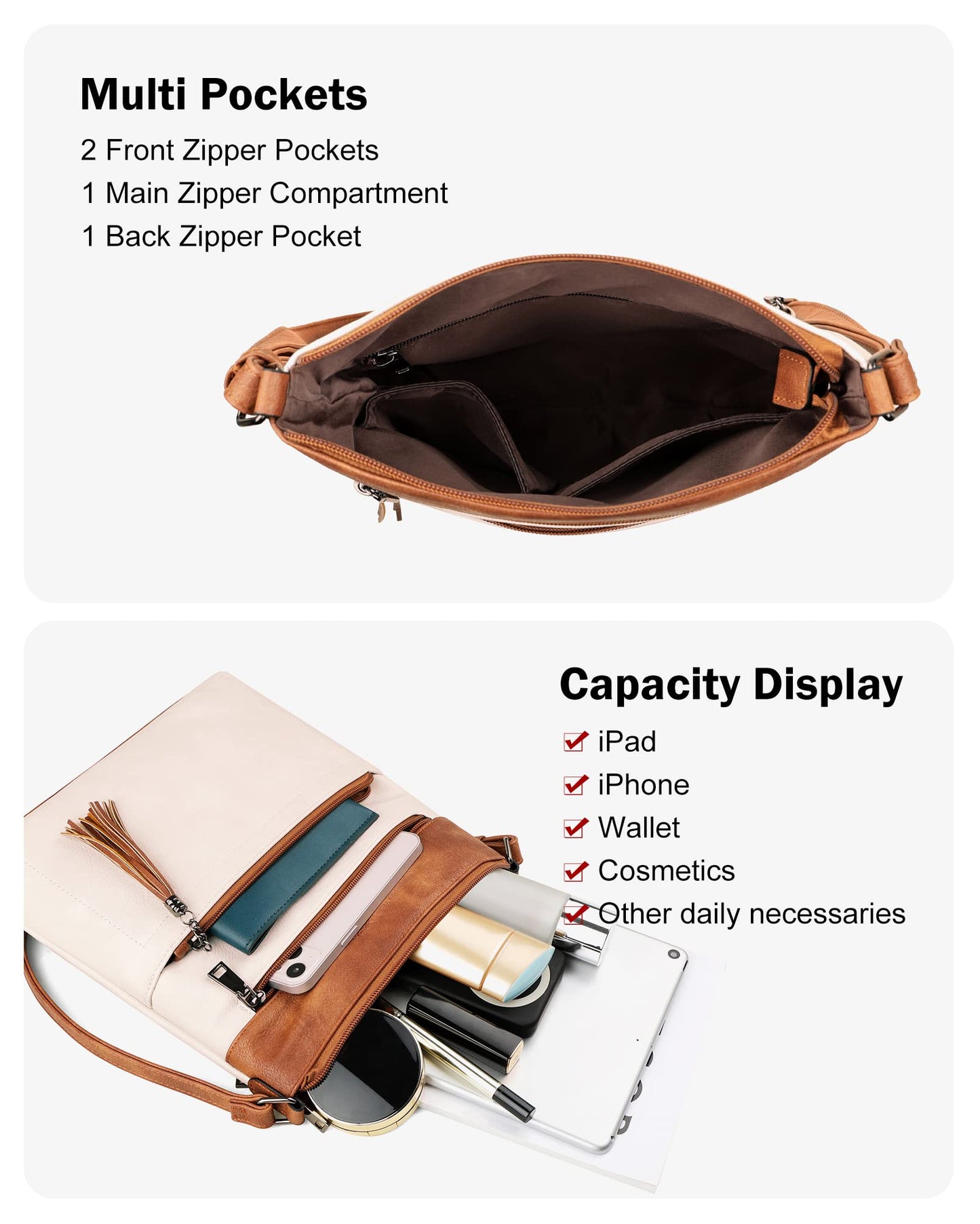 MASINTOR Crossbody Purses for Women, Multi Pocket Casual Crossbody Bag, Soft Leather Adjustable Strap Shoulder Bag with Tassel