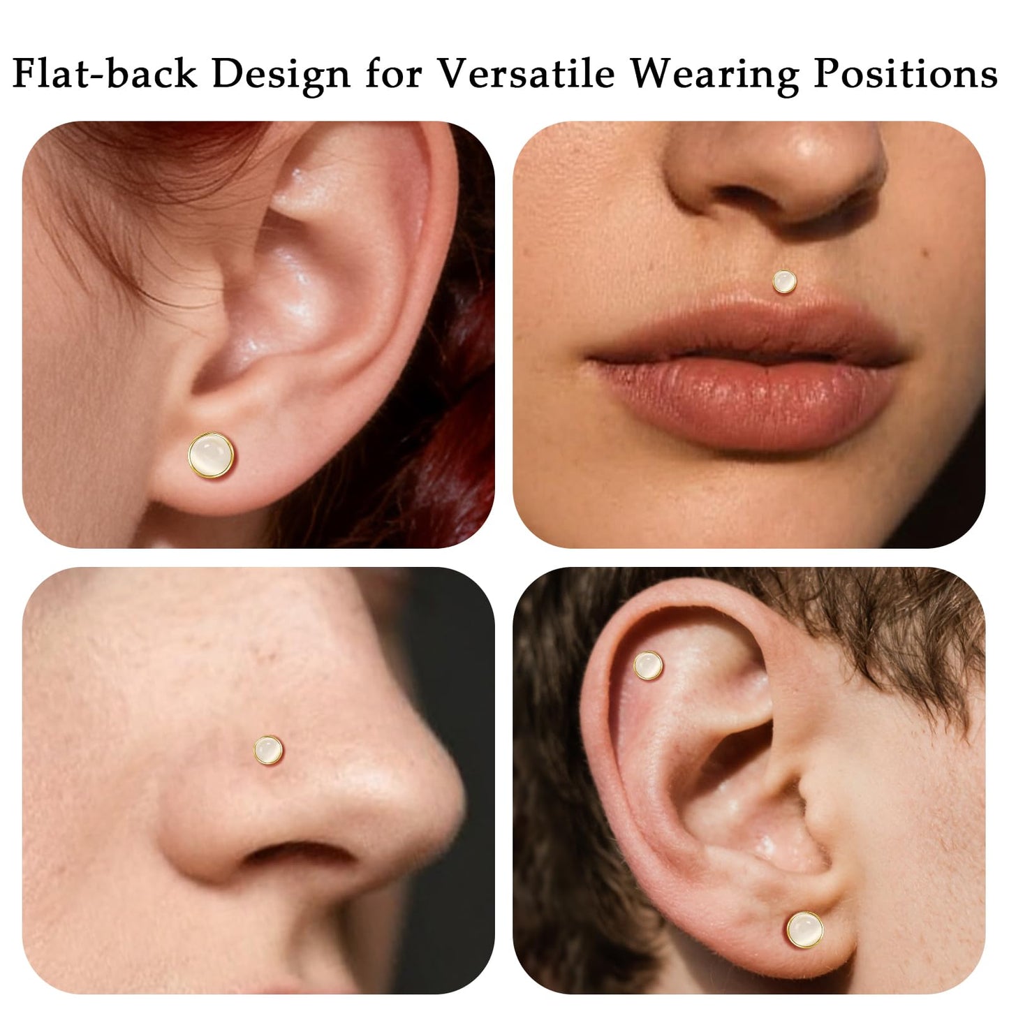 Limerencia Hypoallergenic Earrings for Sensitive Ears - 18G G23 Titanium Round Cat's Eye Push in Stud Earrings, Cartilage Stone Pierced Earrings for Women Men Gift,White 4mm