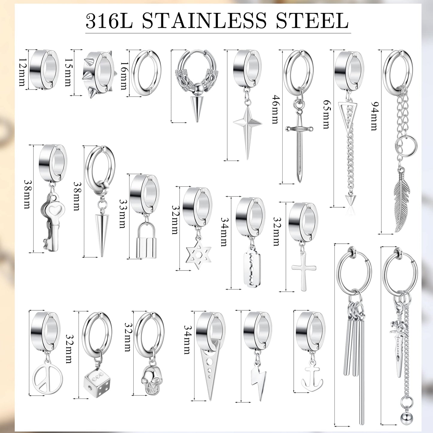 Thunaraz 25 Pcs Clip-on Earrings - Stainless Steel Cross, Chain, Dangle, Black Fake Earrings for Men & Women - Non-Pierced Huggie Hoop Set