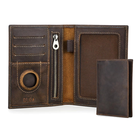 CONTACTS Full Grain Leather Passport Holder RFID Blocking Travel Passport Wallet Compatible with Airtag Passport Case Handmade with 4 Cards Slots, Coin Pocket (Brown)