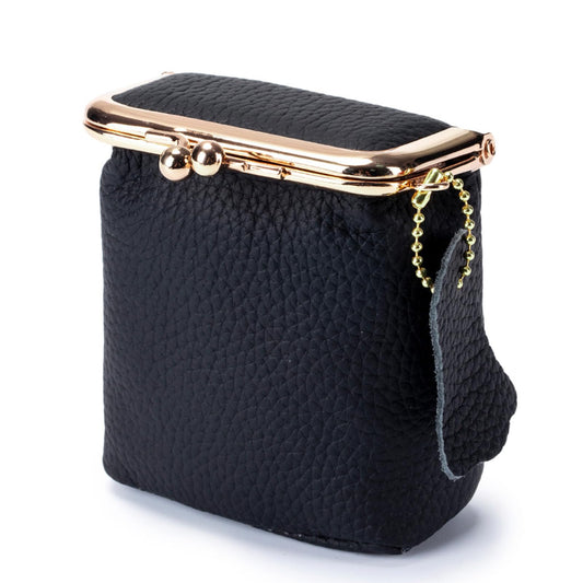 Litchi Leather Coin Purse for Women, Portable Vintage Wallet Mini Lipstick Holder Fashion Solid Color Kiss Lock Key Storage Square Pouch (Black)
