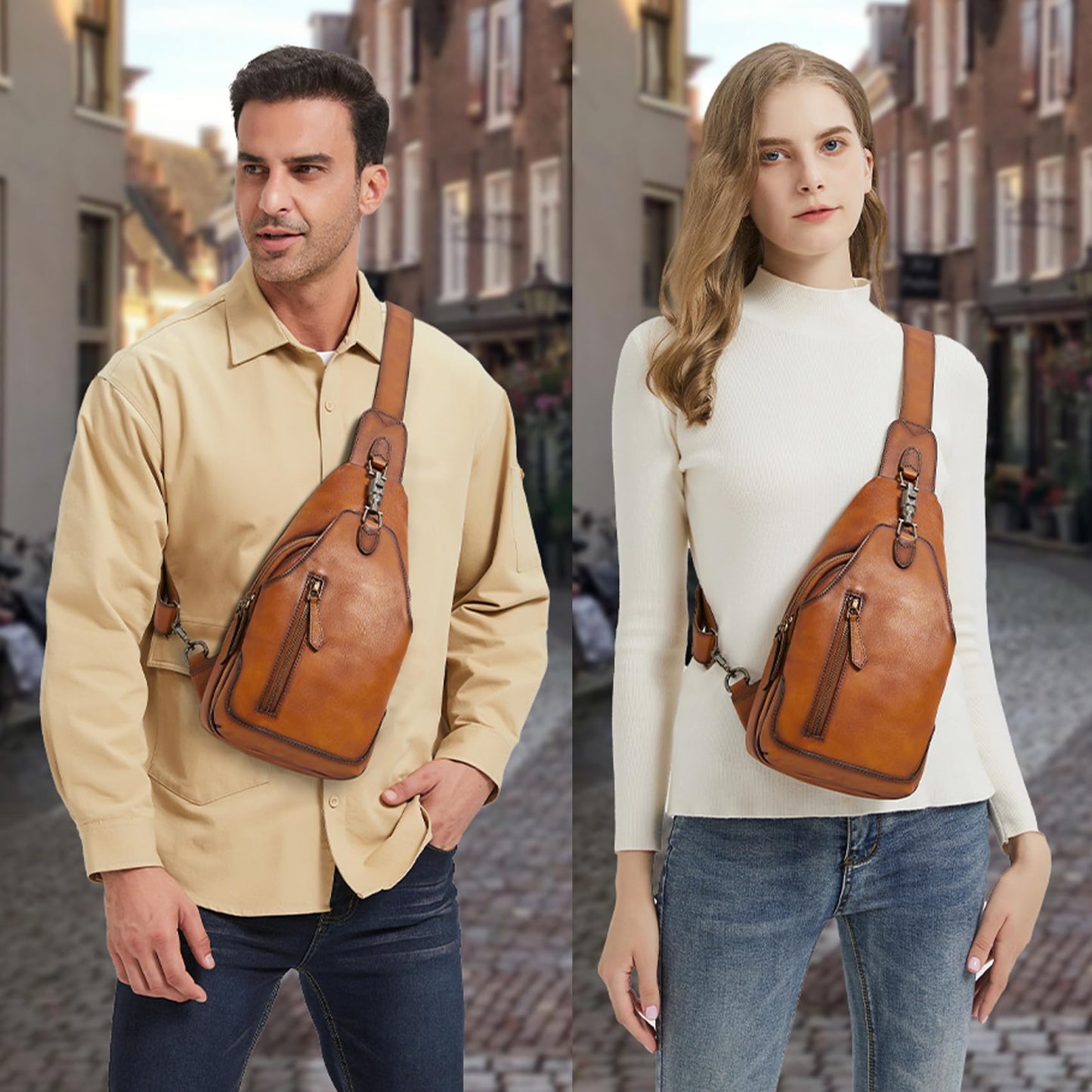 LRTO Genuine Leather Sling Bag Crossbody Purse Motorcycle Bag Handmade Hiking Daypack Retro Shoulder Backpack Vintage Chest Bag (Brown)