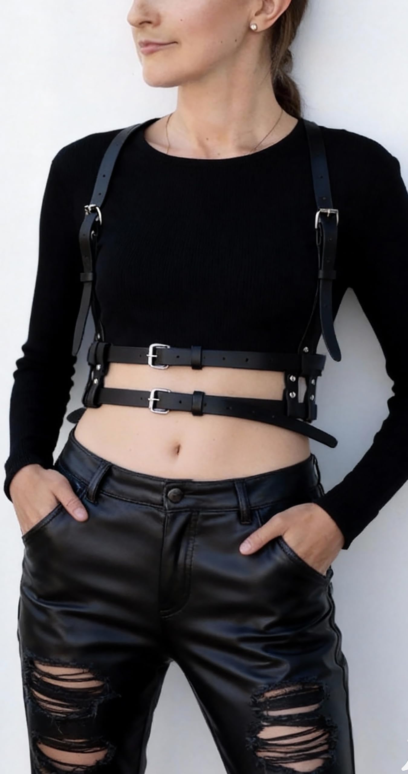 Women Adjustable Faux Leather Harness Belt Punk Fashion Waist Belt with Alloy Buckles Layered Outfit for Dresses Shirts Blazers Street(Waist 35.4-44.1in)