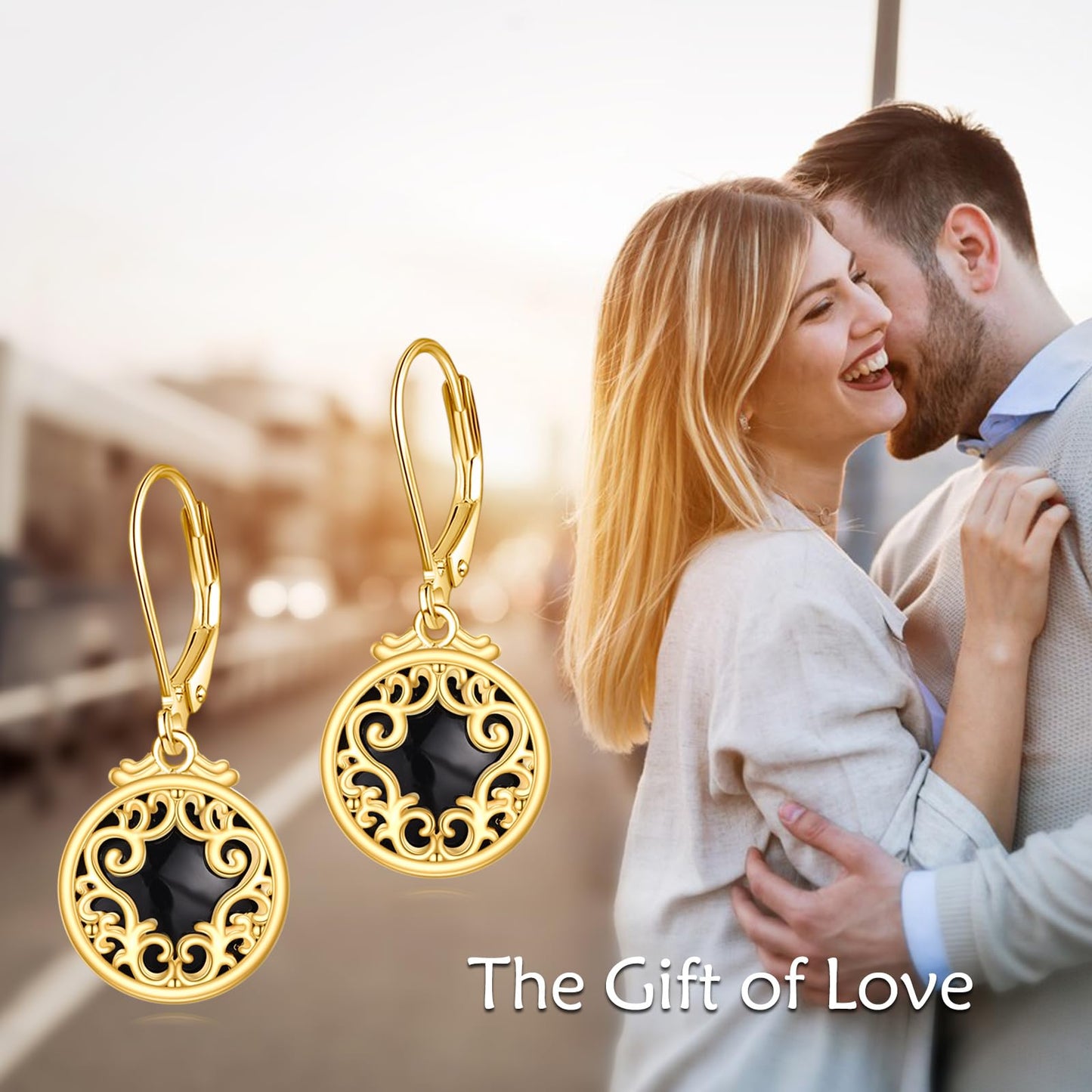 Black Onyx Dangle Drop Earrings for Women Sterling Silver 18K Yellow Gold Plated Filigree Black Onyx Leverback Earrings Jewelry Gifts