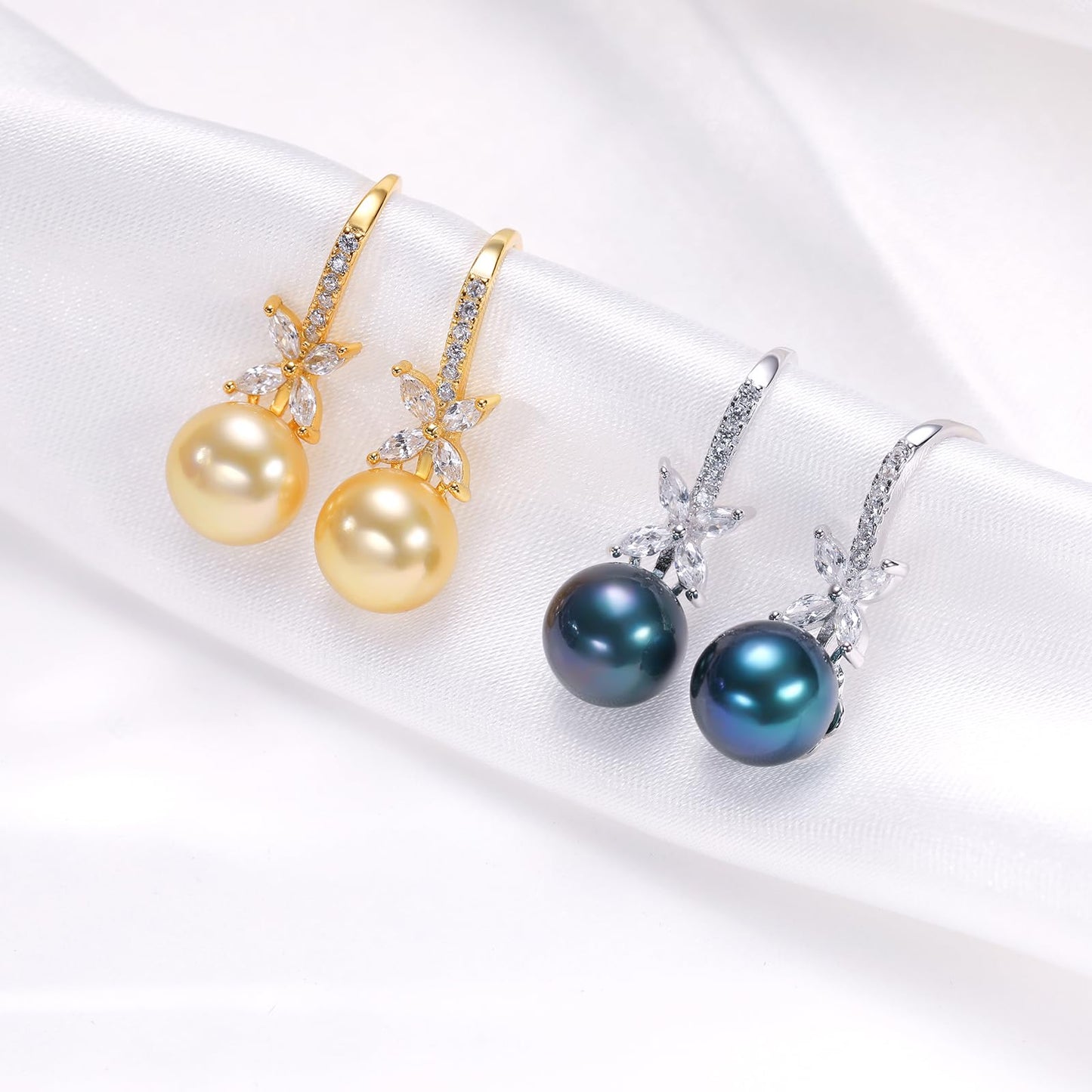BAMIKI Pearl Drop Earrings for Women - 925 Sterling Silver 18k Gold Plated Hypoallergenic Round Black Saltwater Cultured Pearls Ear Hook Earrings with Cubic Zirconia Jewelry Gifts for Mother Wife