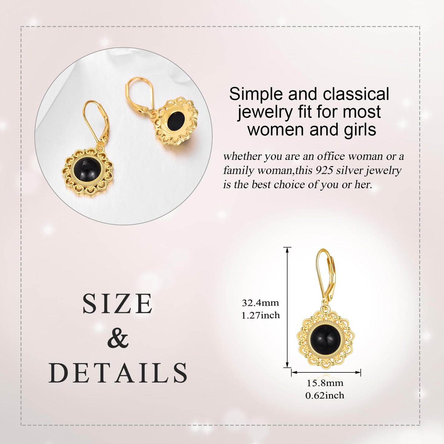 Black Onyx Dangle Drop Earrings Sterling Silver 18K Yellow Gold Plated Filigree Black Onyx Leverback Earrings
