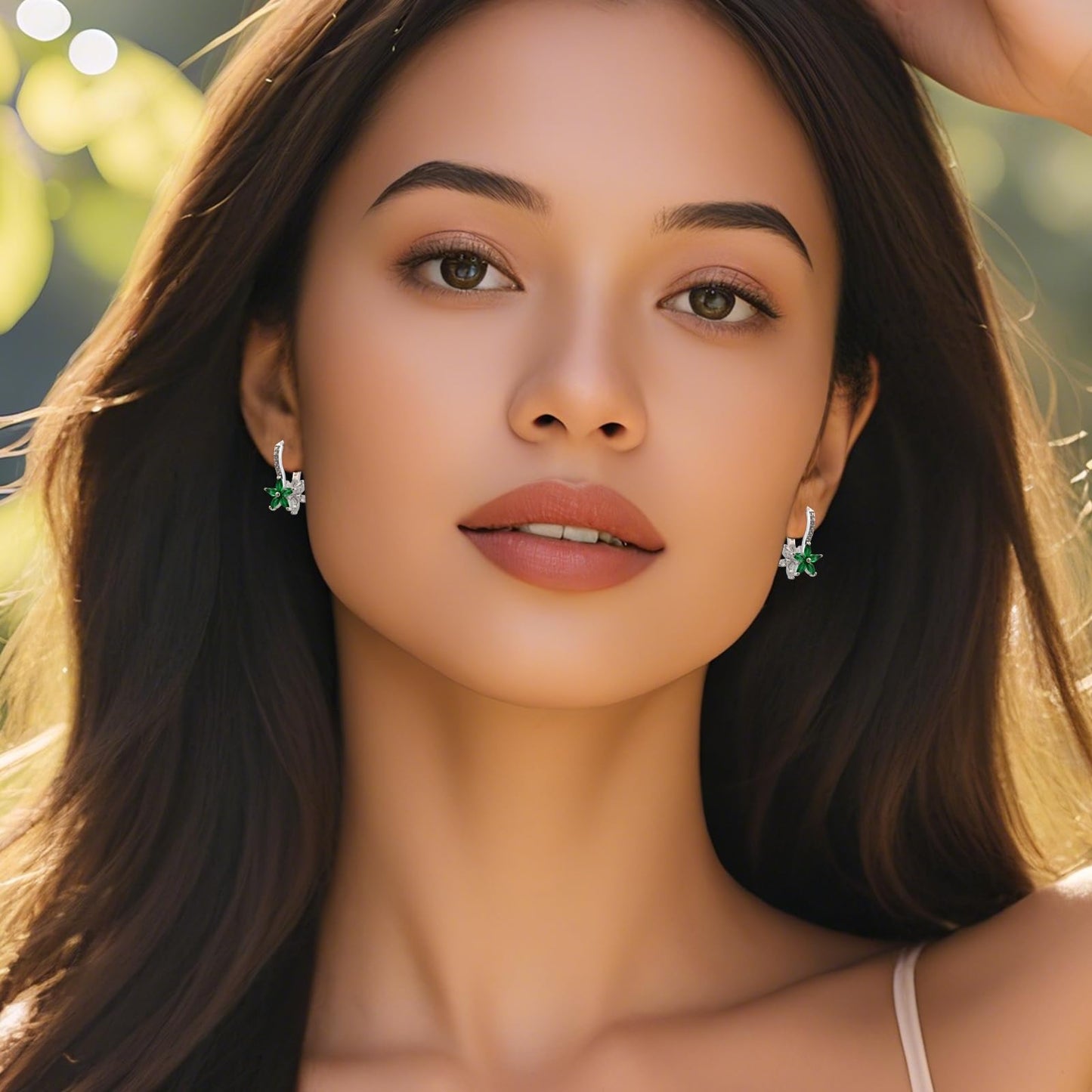 Watforsh 925 Sterling Silver Flower Earrings for Women Dangling Leverback Earrings with Emerald and White Crystal Double Floral