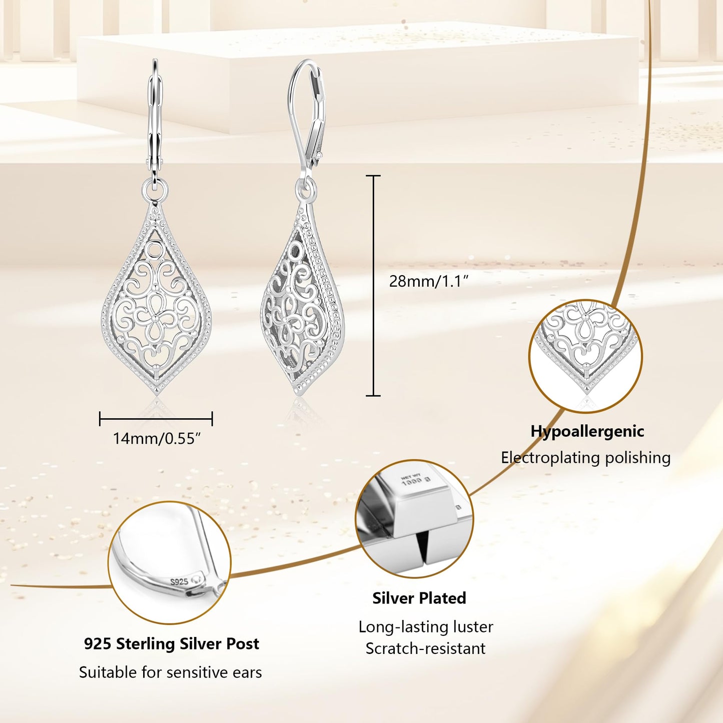 925 Sterling Silver Dangle Earrings for Women, Teardrop Filigree Dangling Leverback Earrings, Silver Waterdrop Hypoallergenic Dangly Drop Earings for Women Trendy Jewelry Gifts