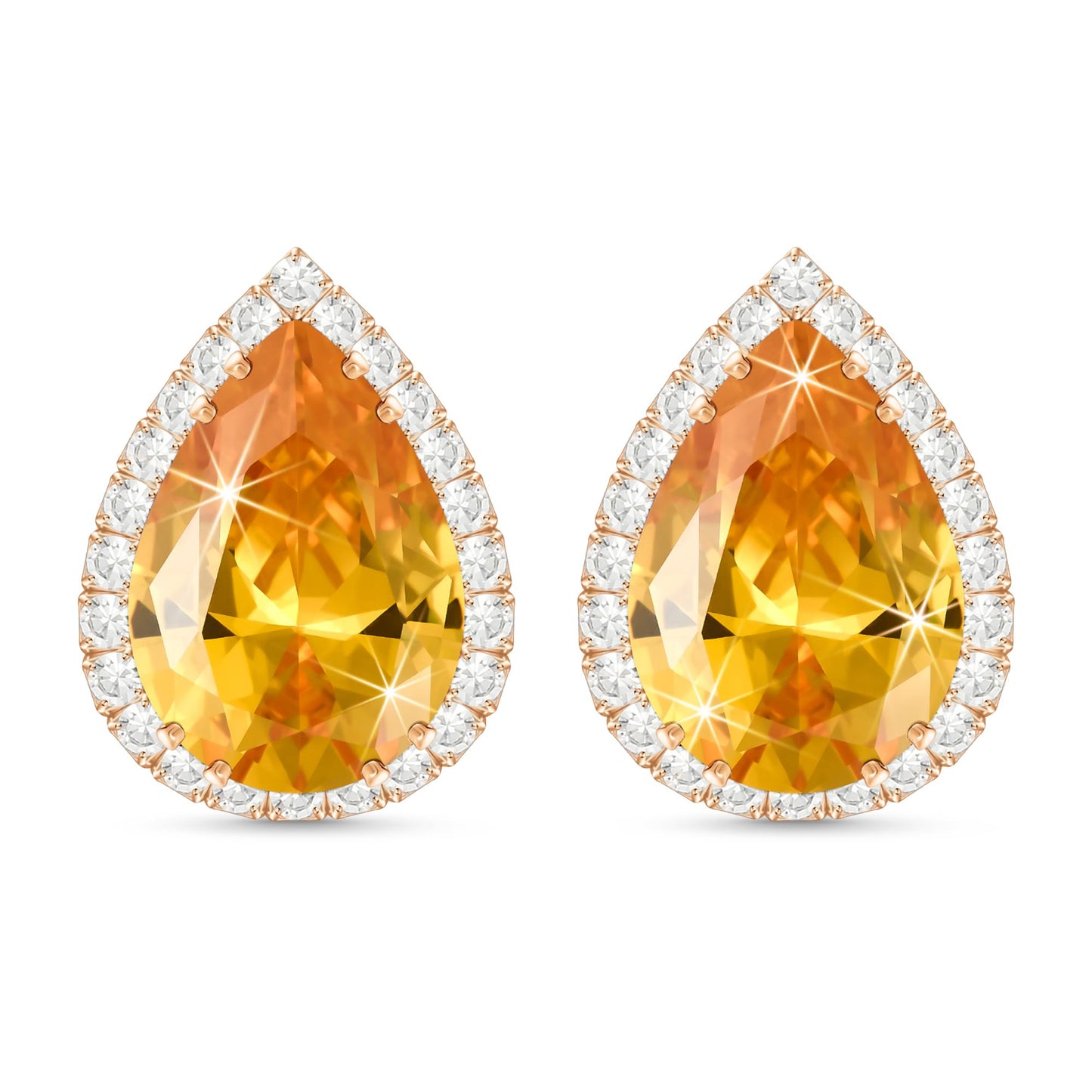 Linawe Yellow Orange Imitation Diamond Stud Earrings for Women, Rose Gold Citrine Crystal Cubic Zirconia Teardrop Rhinestone Earrings Studs, Wedding Bridal Bridesmaid Jewelry