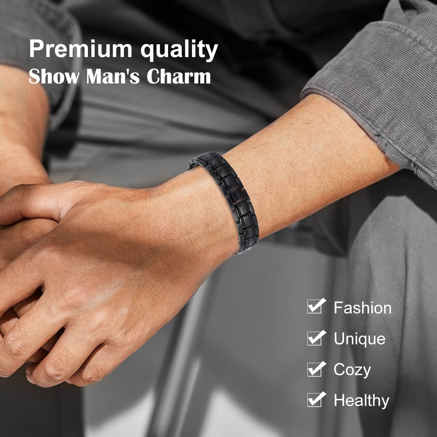 JEROOT Magnetic Bracelets for Men, Pure Titanium Bracelet (3500Gauss Per Magnet), Men's Bracelet Lymphatic Jewelry Gifts (Black anion)