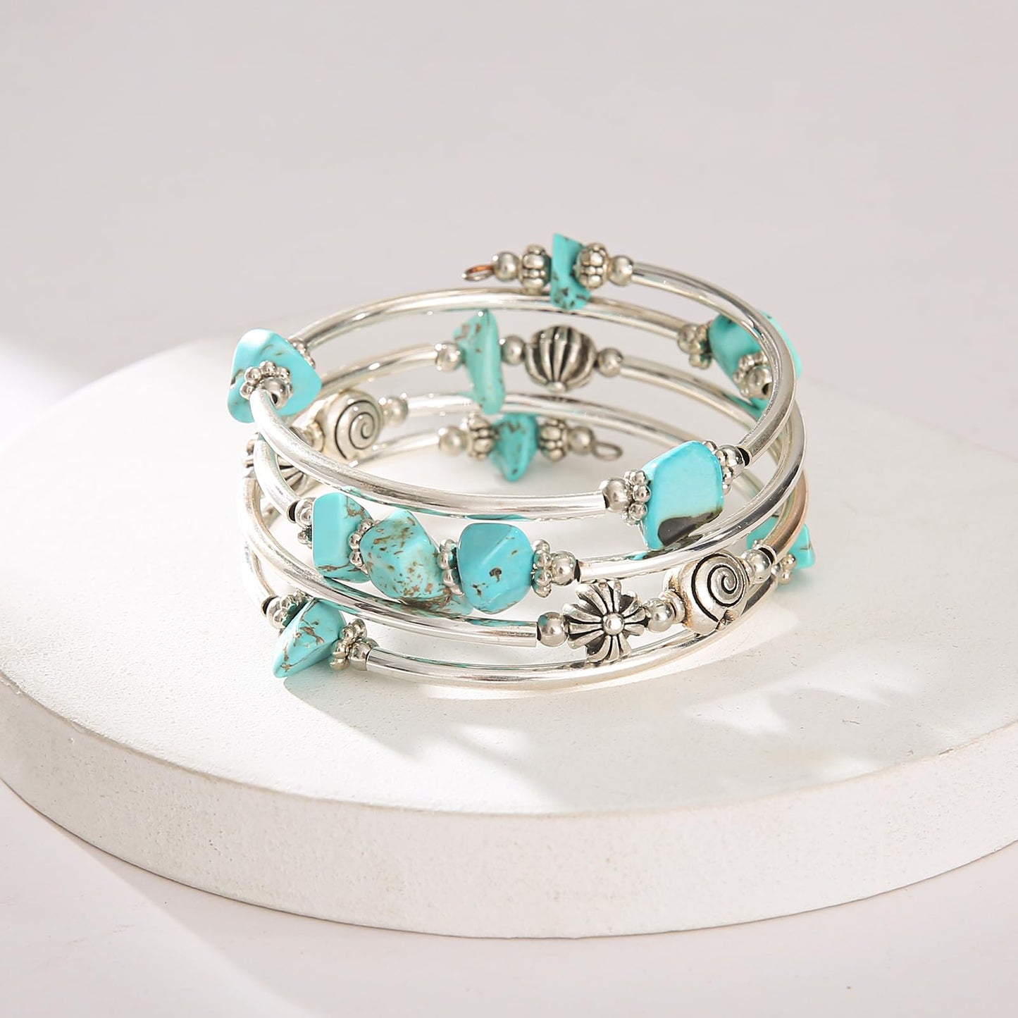 FULU AUTUMN Stone Silver Bangle Wrap Bracelet Boho Turquoise Crystal Chips Bead Bracelets Fashion Jewelry Birthday Gifts for Women(19-Turquoise)