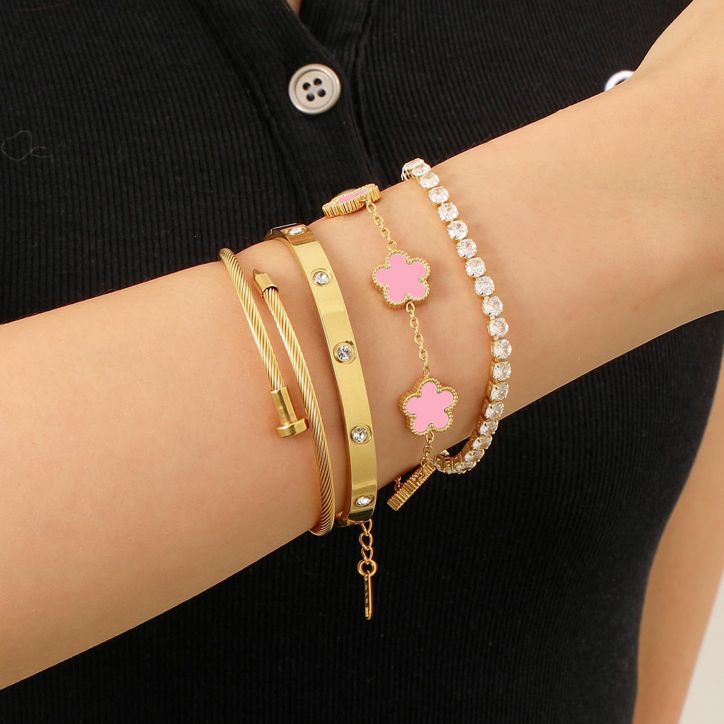 MEIERYA 18K Gold Plated Womens Stackable Floral Bracelets Set,Twisted Cable Bangle,Trendy Jewelry,Waterproof adjustable bracelet,Christmas Birthday Gifts for Girlfriend or Mother. (05-Color-pink)
