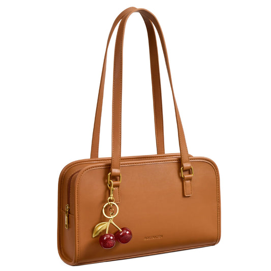 BOSTANTEN Shoulder Bag for Women Vegan Leather Purse with Cherry Charm Medium Handbag with Zipper for Daily Use, Brown