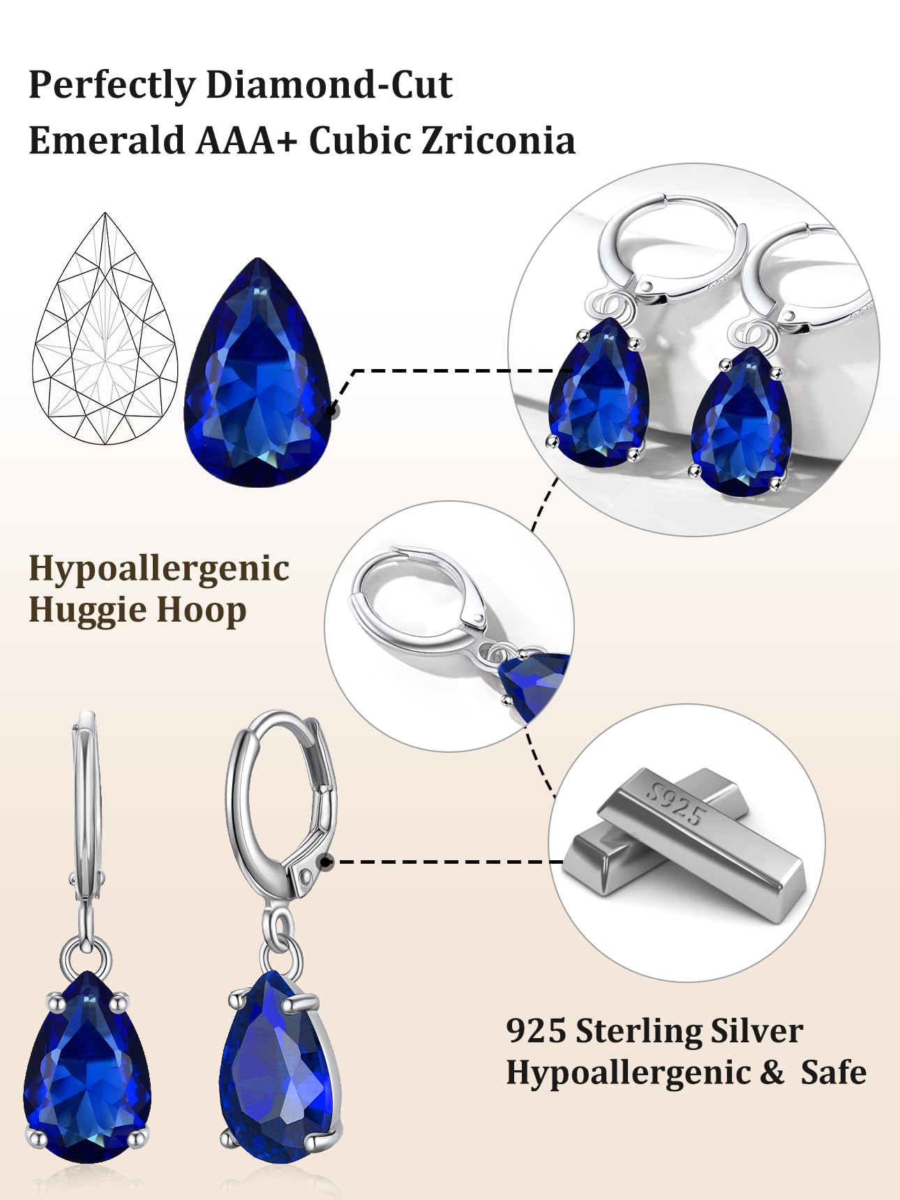 Bestyle 925 Sterling Silver September Birthstone Hoop Dangle Earrings - Clear Created Rectangle Sapphire Crystal Drop Blue Earrings - Trendy Cute Women's Small Hoop CZ Dangle Earrings