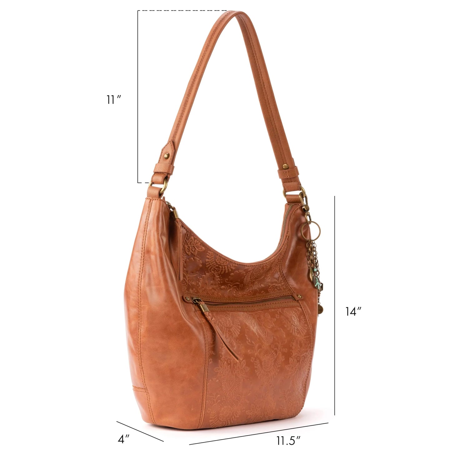 The Sak Sequoia Hobo Bag in Leather, Single Shoulder Strap, Tobacco Floral Emboss