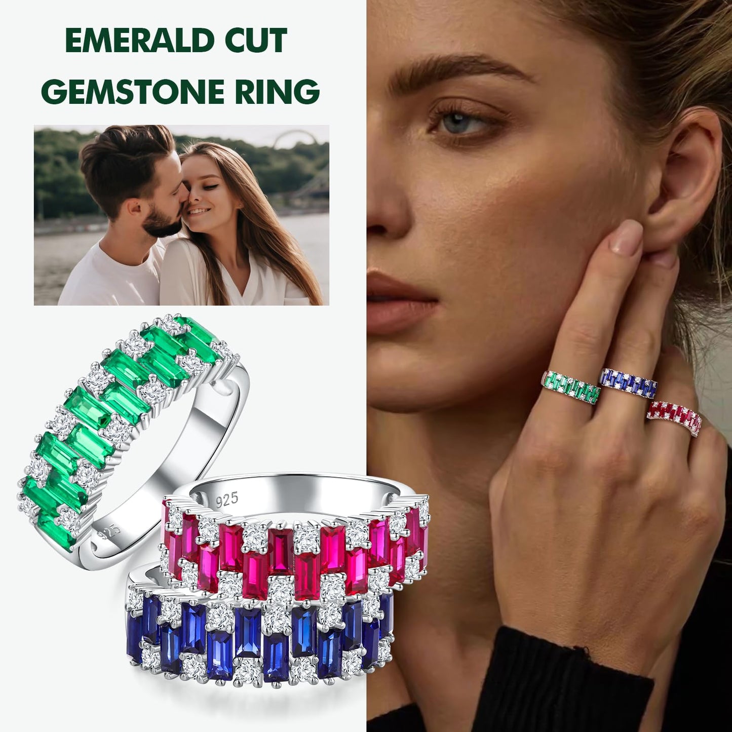 RANDES Blue Sapphire Ring Emerald Cut Eternity Band Sterling Silver Band Ring Cubic Zirconia Engagement Wedding Rings for Women Size 8