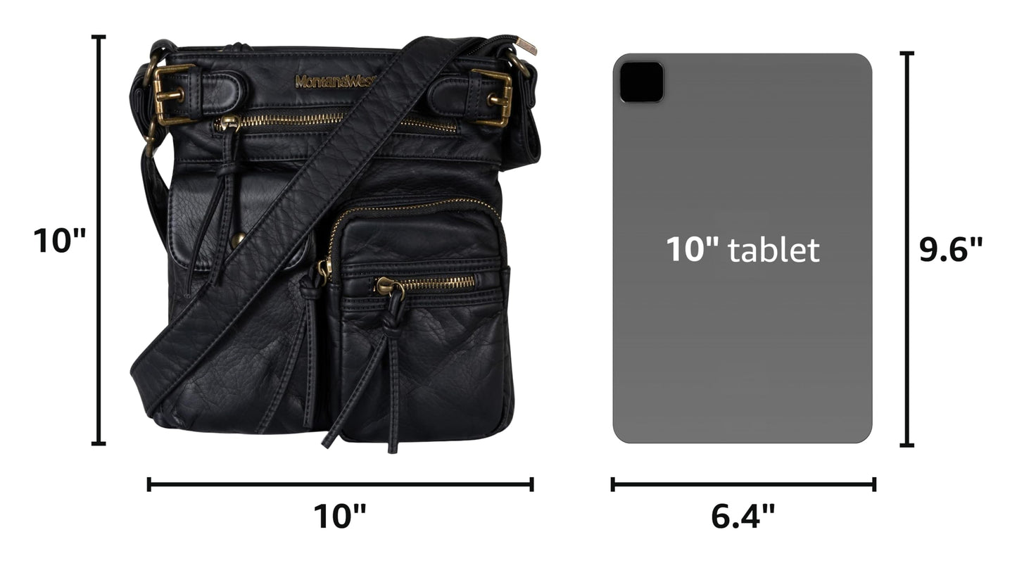 Montana West Crossbody Bag for Women Soft Leather Multi Pocket Shoulder Bags Vintage Women's Purses and Handbags Black Gift MWC-046BK