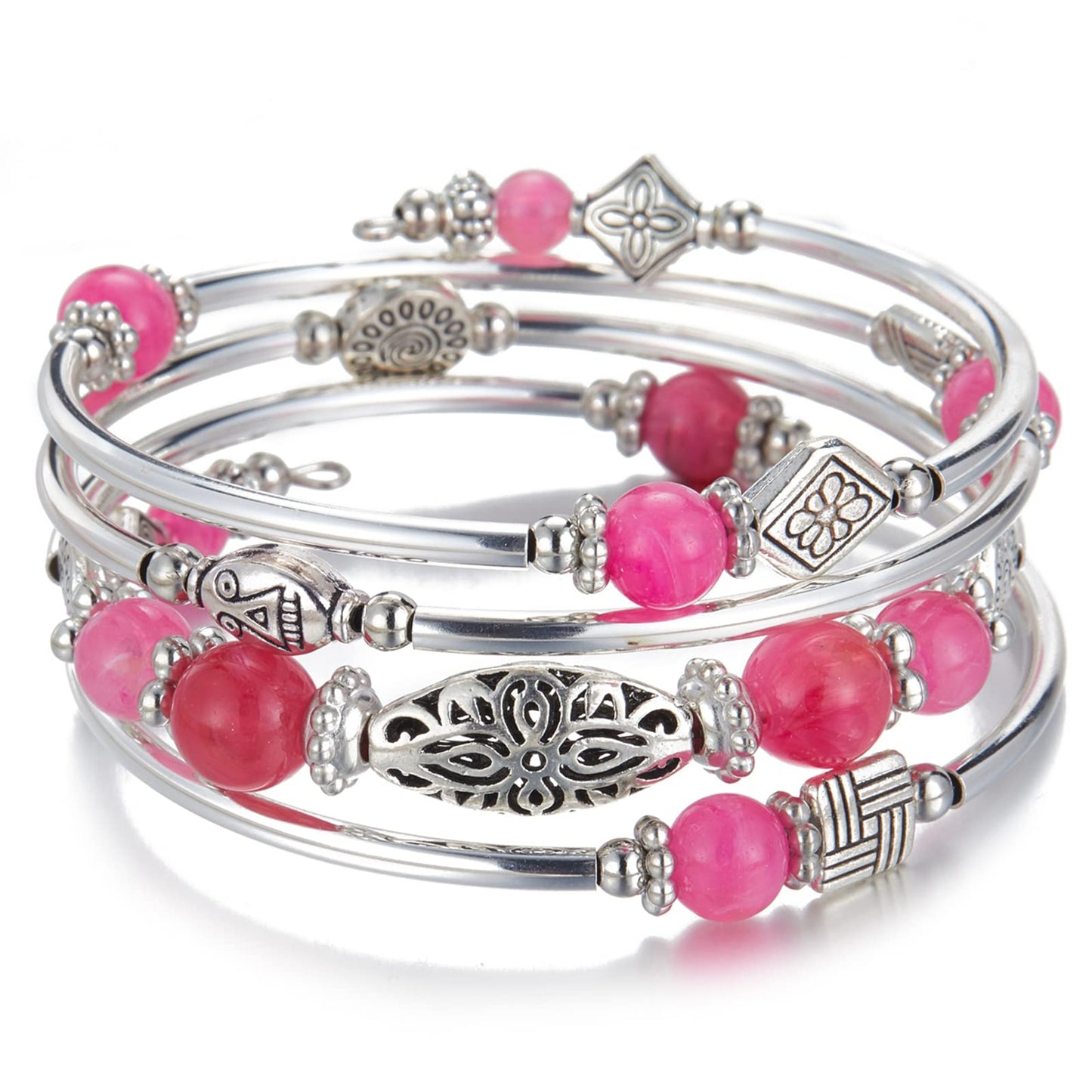 BULINLIN Layered Wrap Bangle Turquoise Bracelet - Bead Bracelet with Natural Agate Stone, Gifts For Women (03-Hot pink)