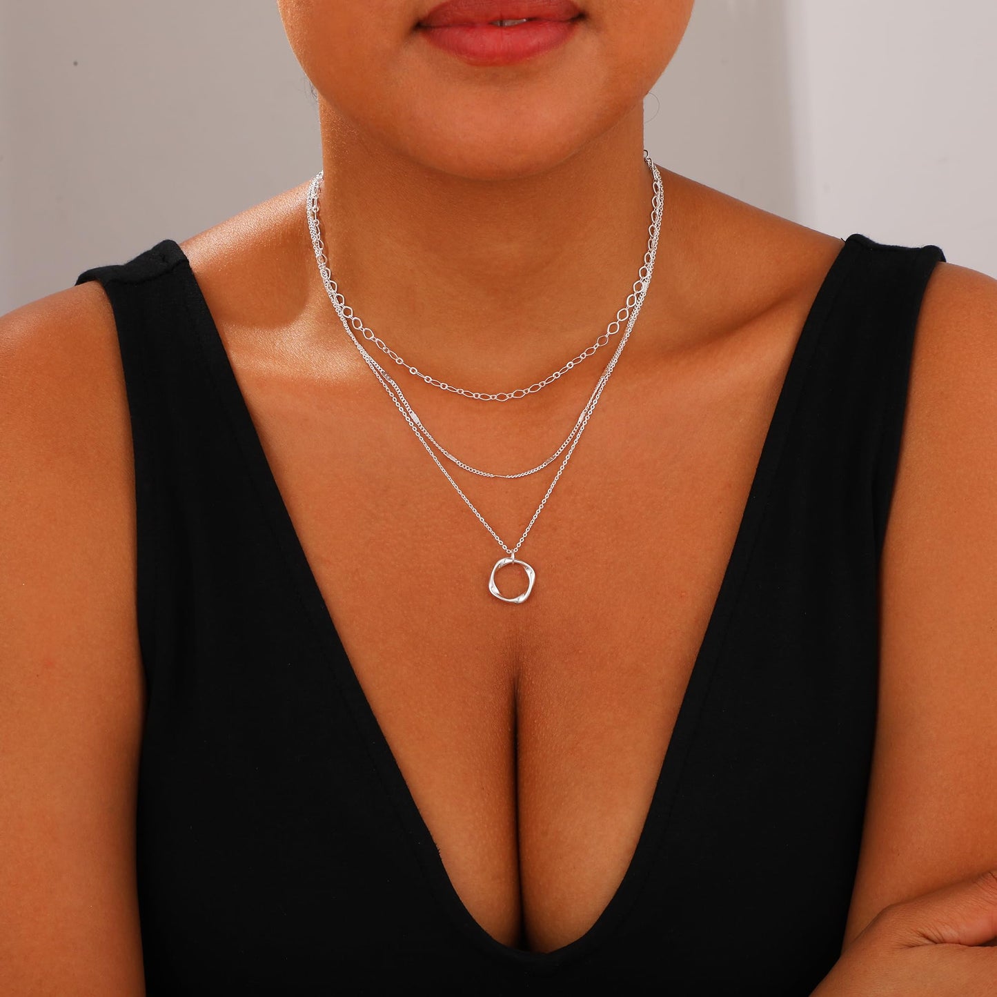 Layered Gold Necklaces for Women Stackable Dainty 14K Gold Plated Silver Chain Necklace Layering Cute Fashion Pendant Choker Necklaces Trendy Jewelry Set Gifts for Women (Oval paper clip flat strip square, silver)