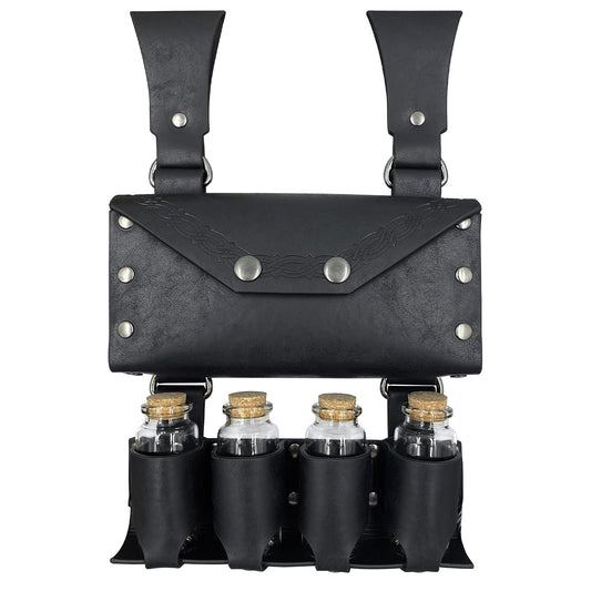 HiiFeuer Medieval Alchemy Faux Leather Belt Bag with 4 Cork Potion Vials, Fantasy Wizard Waist Pouch Side Pack for Ren Faire (Black A)