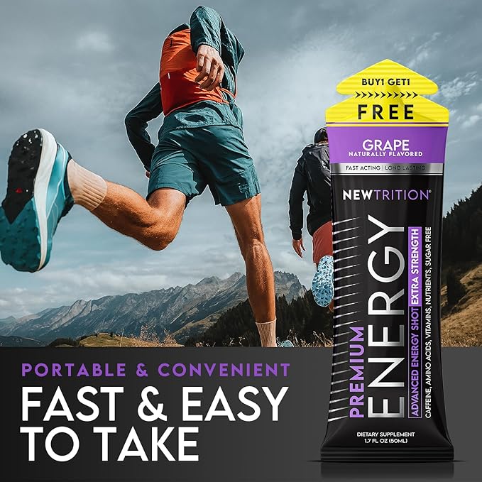 NewTrition® Extra Strength Energy Shots, 250mg Caffeine Energy Shots with Vitamin B & Amino Acids, Sugar-Free Vitamin Energy Shot, 1.7 fl oz (Pack of 6, Grape)
