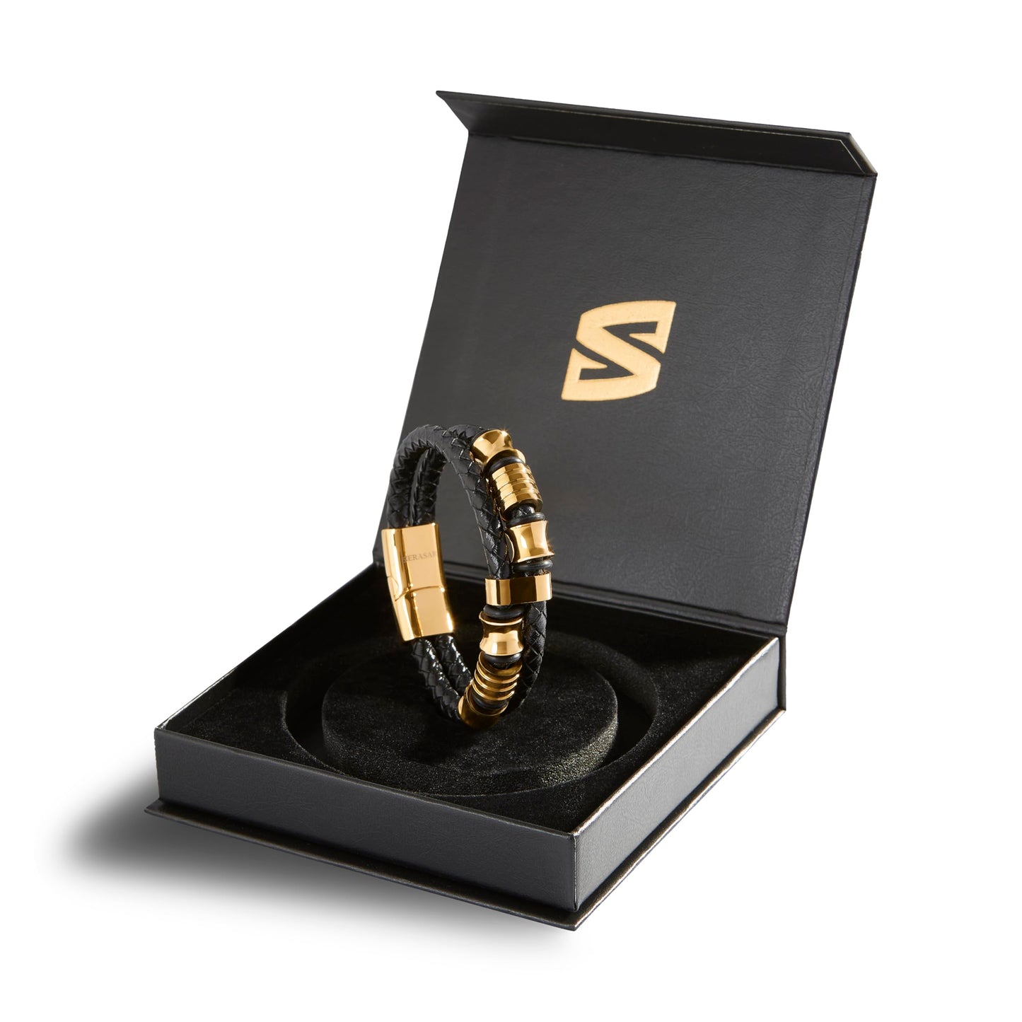 SERASAR Mens Bracelets 20cm Gold Gift Box Genuine Leather Cowhide Braided Adjust Able Magnetic Clasp MultiLayer Wrap Jewellery Man Mans Male Band Jewelry Accessories
