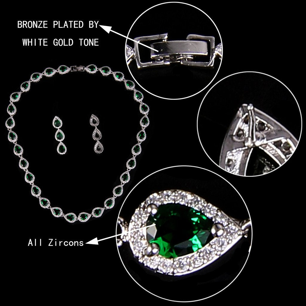 EVER FAITH CZ May Birthstone Elegant Tear Drop Necklace Earrings Bracelet Set Green Emerald-Color