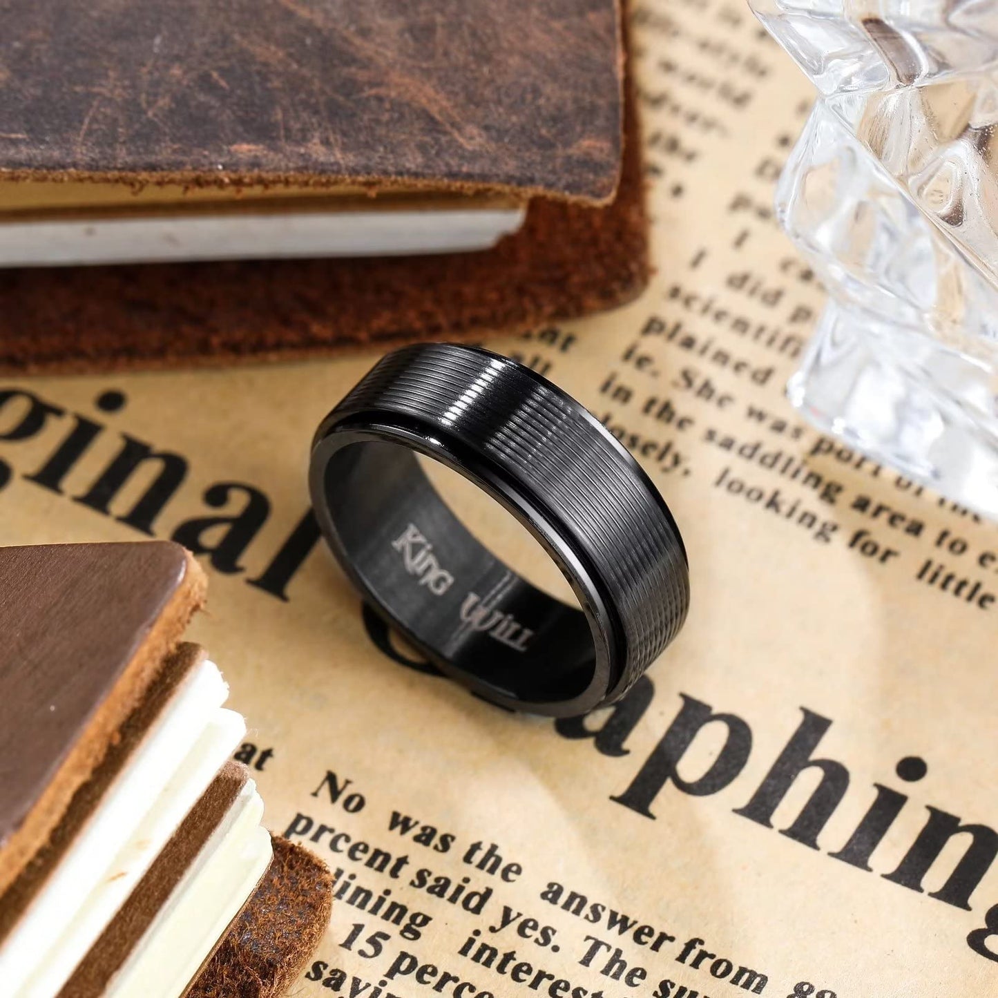 King Will Black Line Groove Mens Women 8mm Spinner Rings Stainless Steel Anxiety Fidget Ring for Women Men Polish Groove Wedding Band Fidget Ring Matte Brushed Comfort Fit 8
