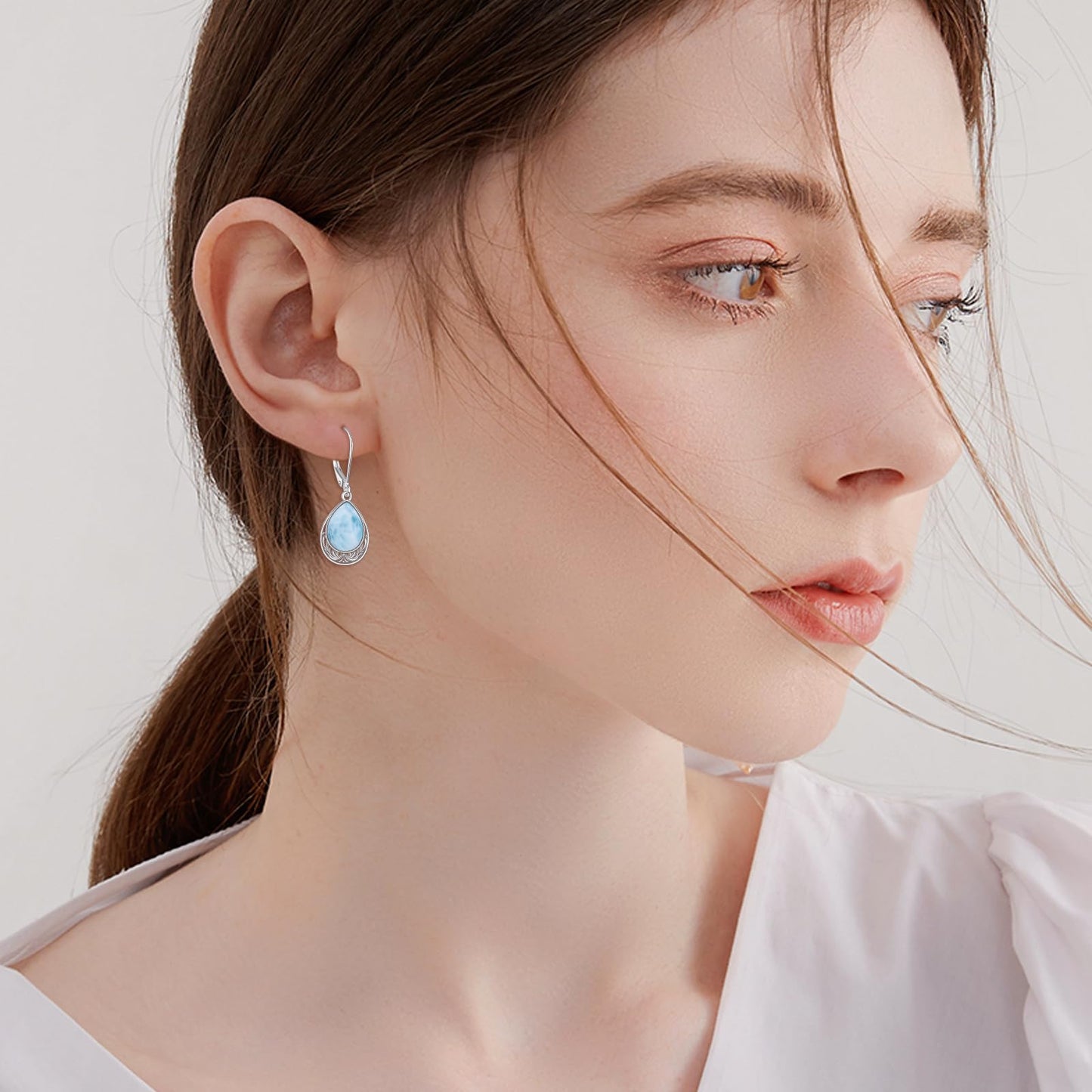 VONALA Larimar Earrings 925 Sterling Silver Larimar Leverback Earrings Teardrop Dangle Dangling Earrings Filigree Jewelry Gift for Women