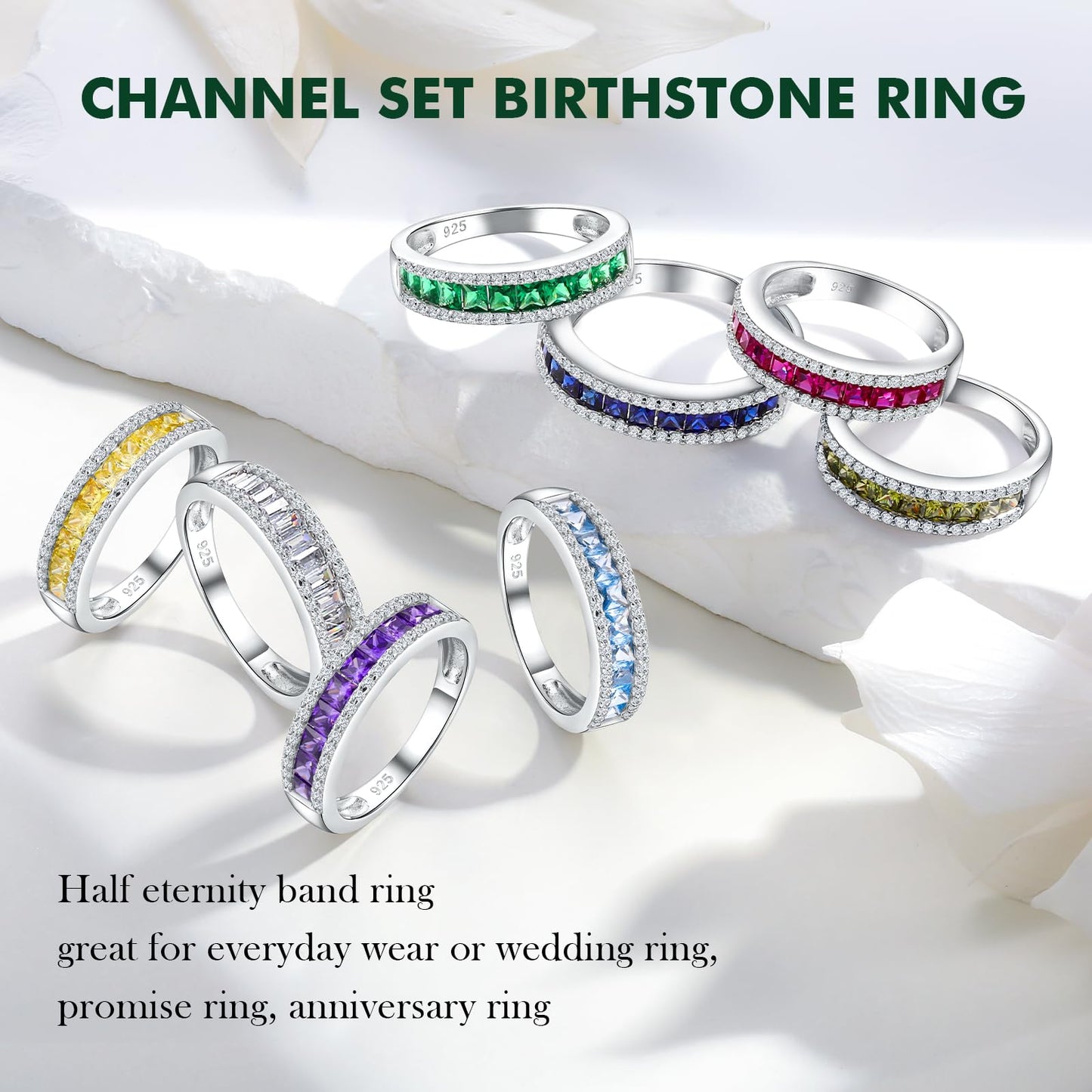 RANDES 925 Sterling Silver Amethyst Ring Half Eternity Band Rings for Women Channel Set February Birthstone Purple Ring Size 9